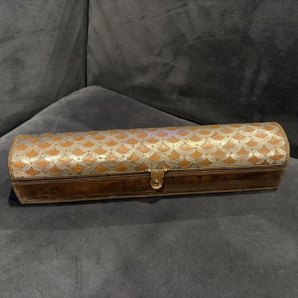 Vintage Metal & Wood Pen Pencil Instrument Kalamdan Storage Box Dome Top Latch